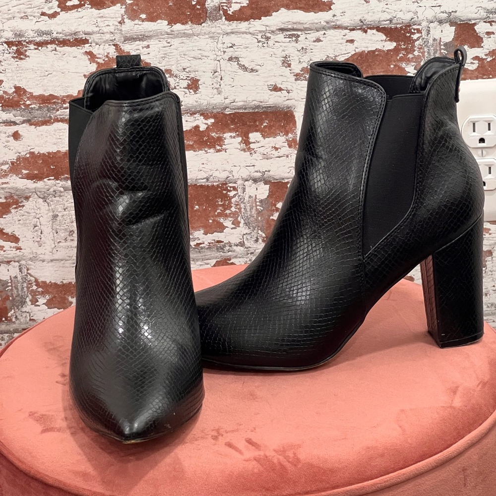 Black Ankle Booties in Faux Snake Skin